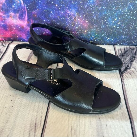 SAS Black Leather Suntimer Heeled Sandal Tripad Slingback Comfort Women Sz 9.5 - Picture 1 of 12